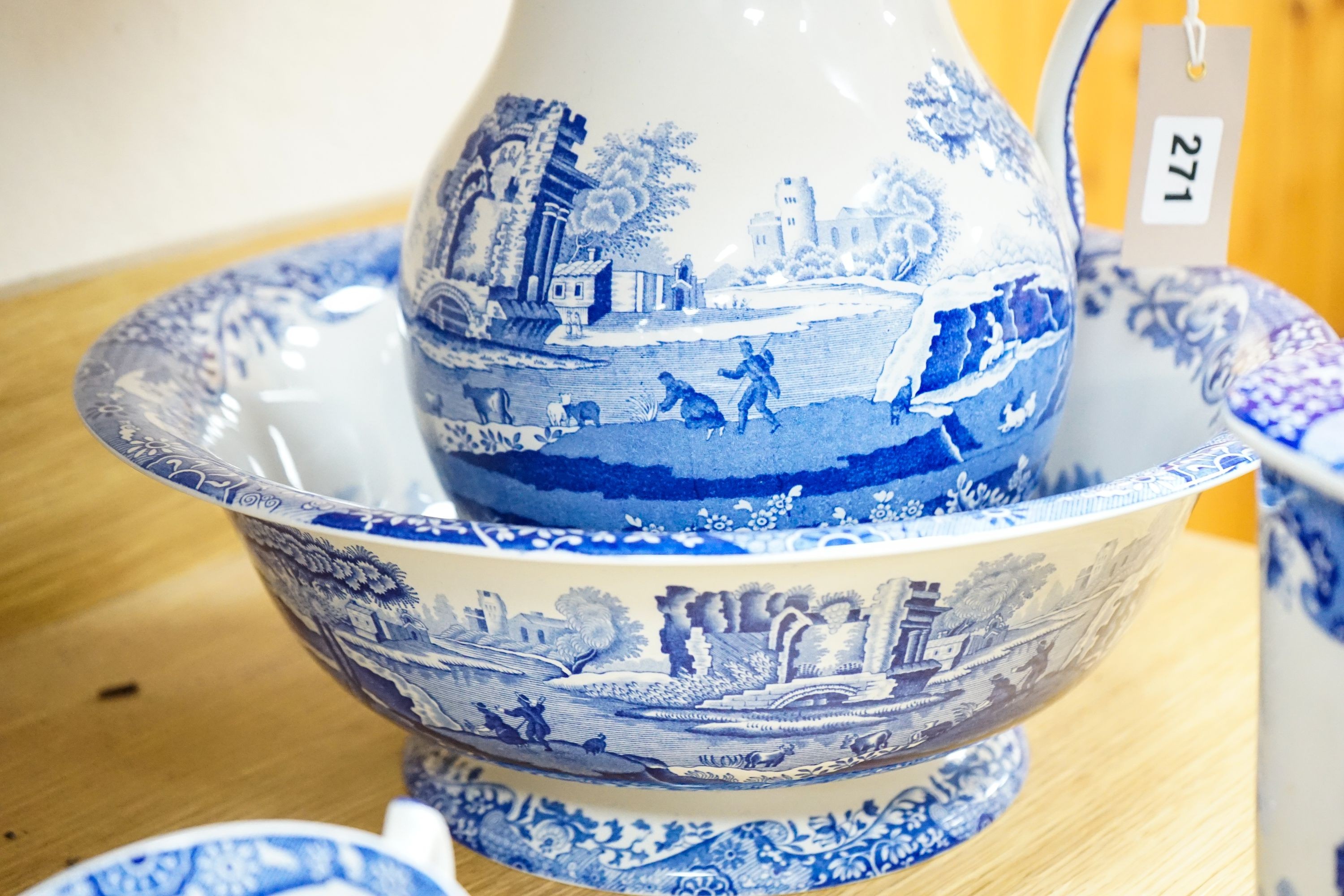 A Spode Italian design part service, including salt, pepper, tea and coffee pots, jug and basin etc.